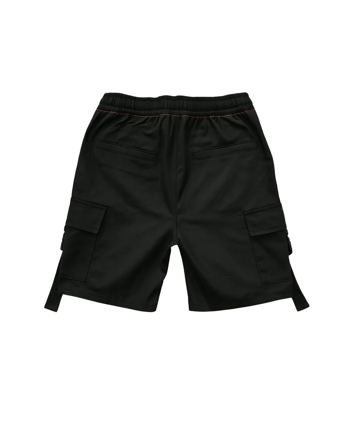 Black cargo shorts with white chain detail on a transparent background