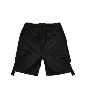 Black cargo shorts with white chain detail on a transparent background