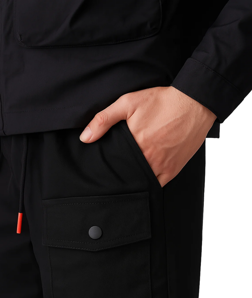 Person wearing a black jacket with a hand in the pocket on a white background