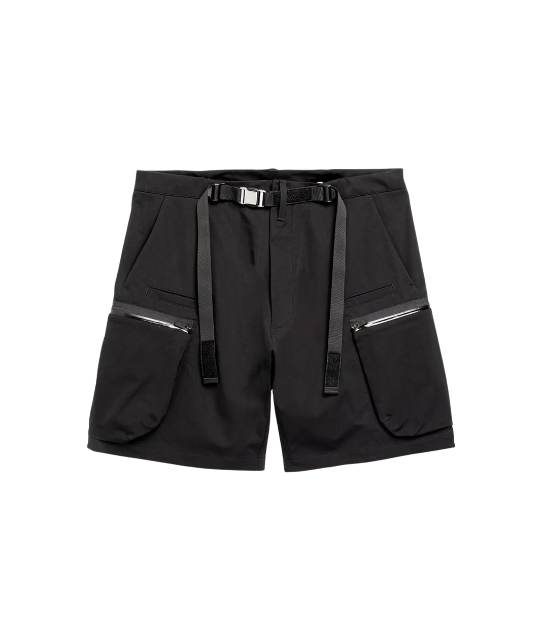 Black shorts with zippers on a white background