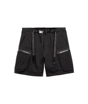 Black shorts with zippers on a white background