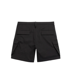 Black cargo shorts on a white background