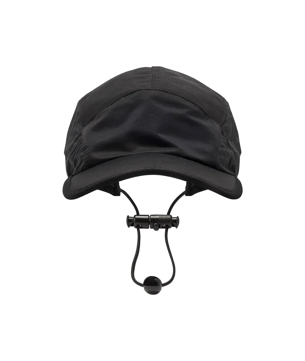 Black cap with chin strap on a white background