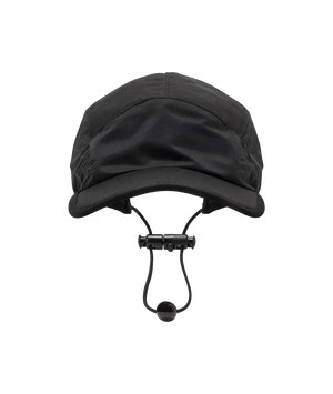 Black cap with chin strap on a white background