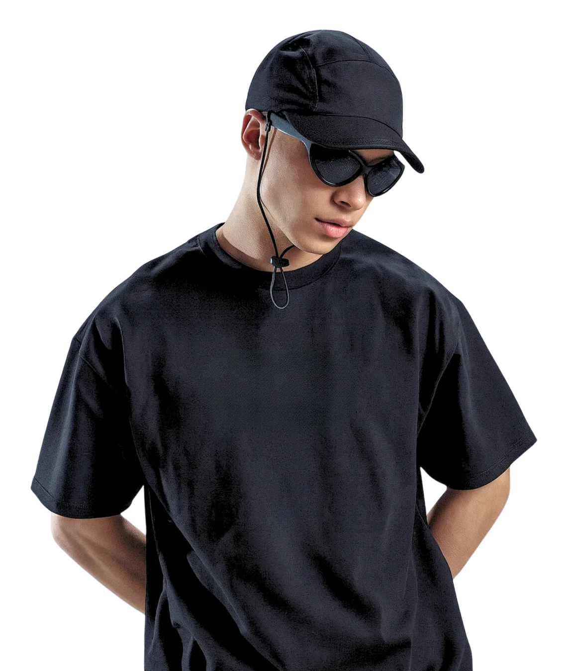 Person wearing a black t-shirt, cap, and sunglasses on a white background