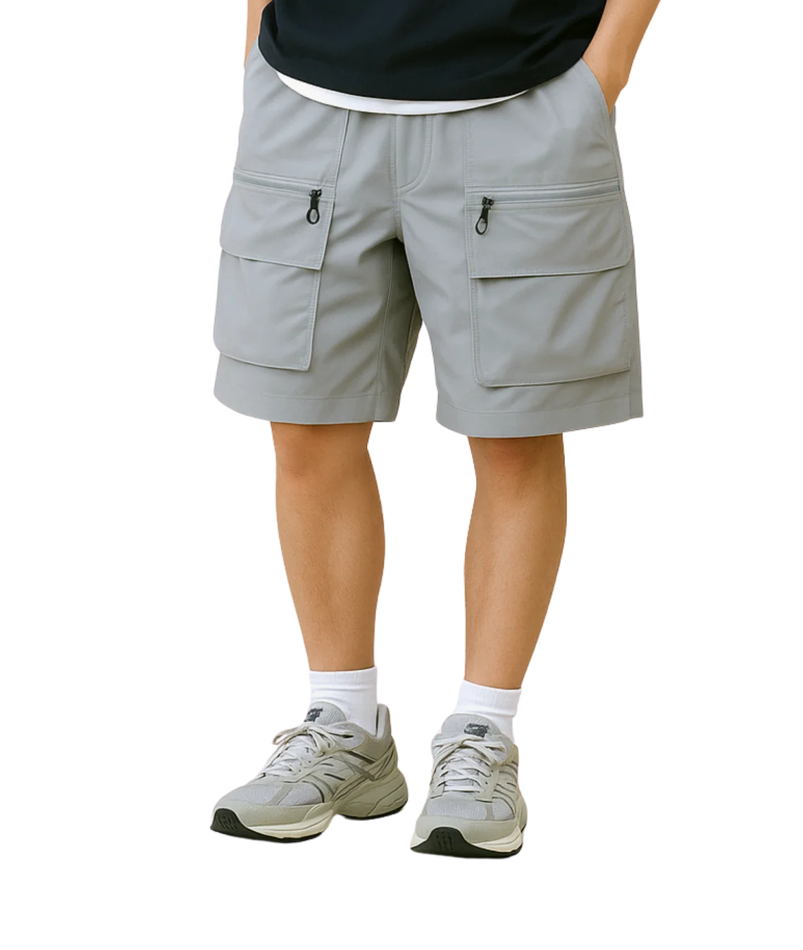 Person wearing light gray cargo shorts with decorative trim on a transparent background