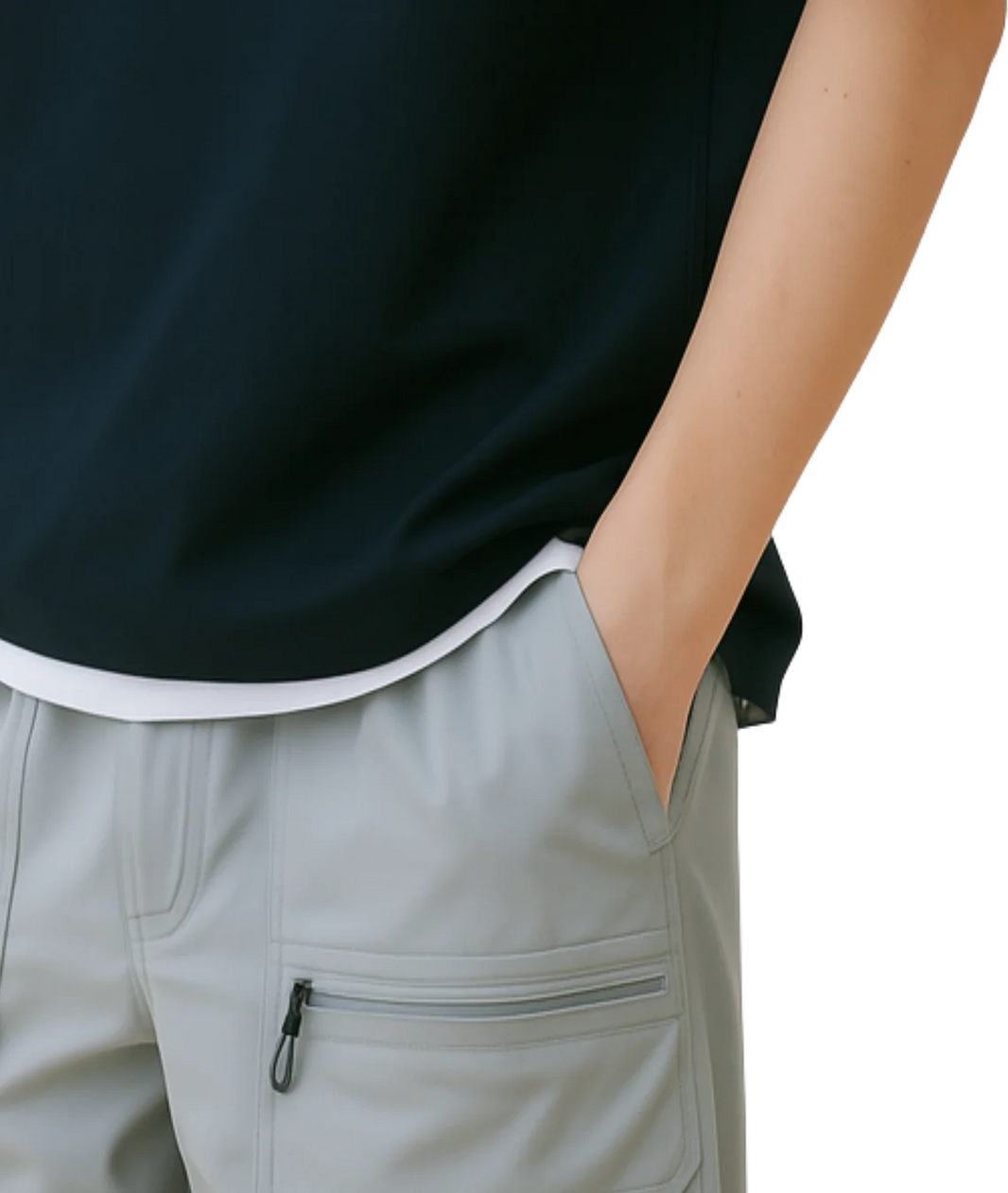 Person wearing a black sleeveless top and light gray pants with a white background