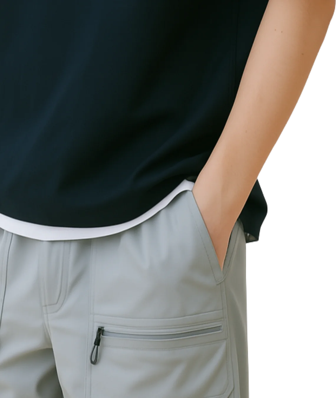 Person wearing a black sleeveless top and light gray pants with a white background