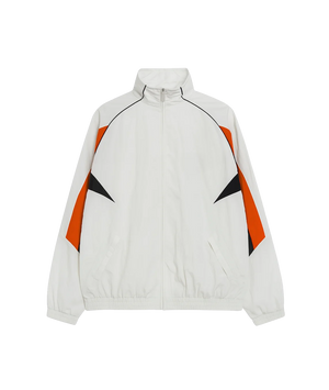 White jacket with orange and black accents on a white background