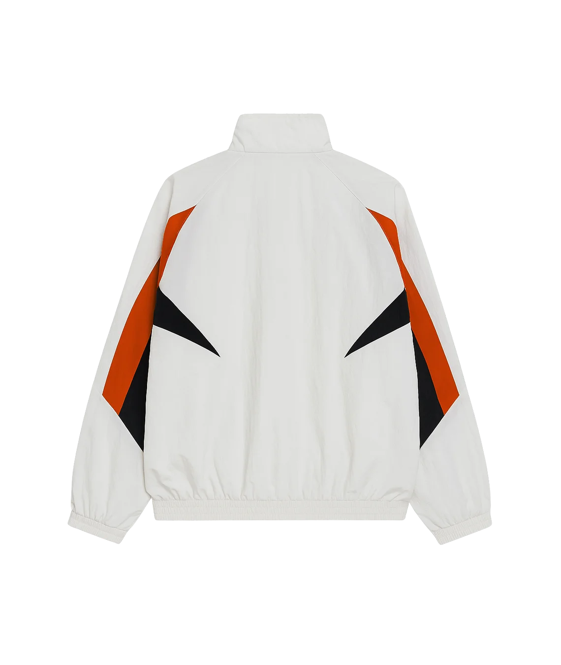 White jacket with black and orange geometric patterns on a white background