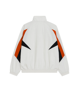 White jacket with black and orange geometric patterns on a white background