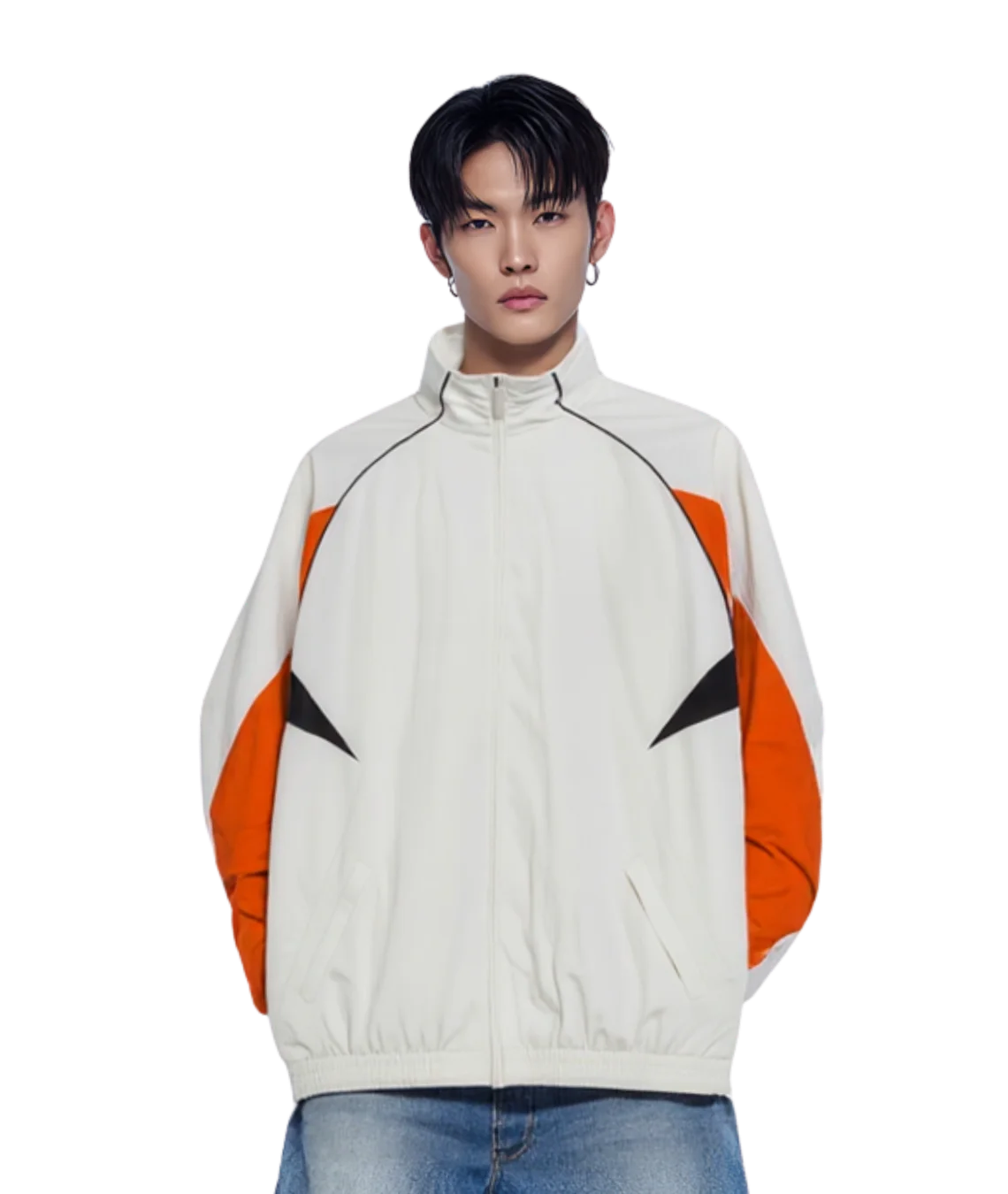 Person wearing a white jacket with orange and black accents on a white background