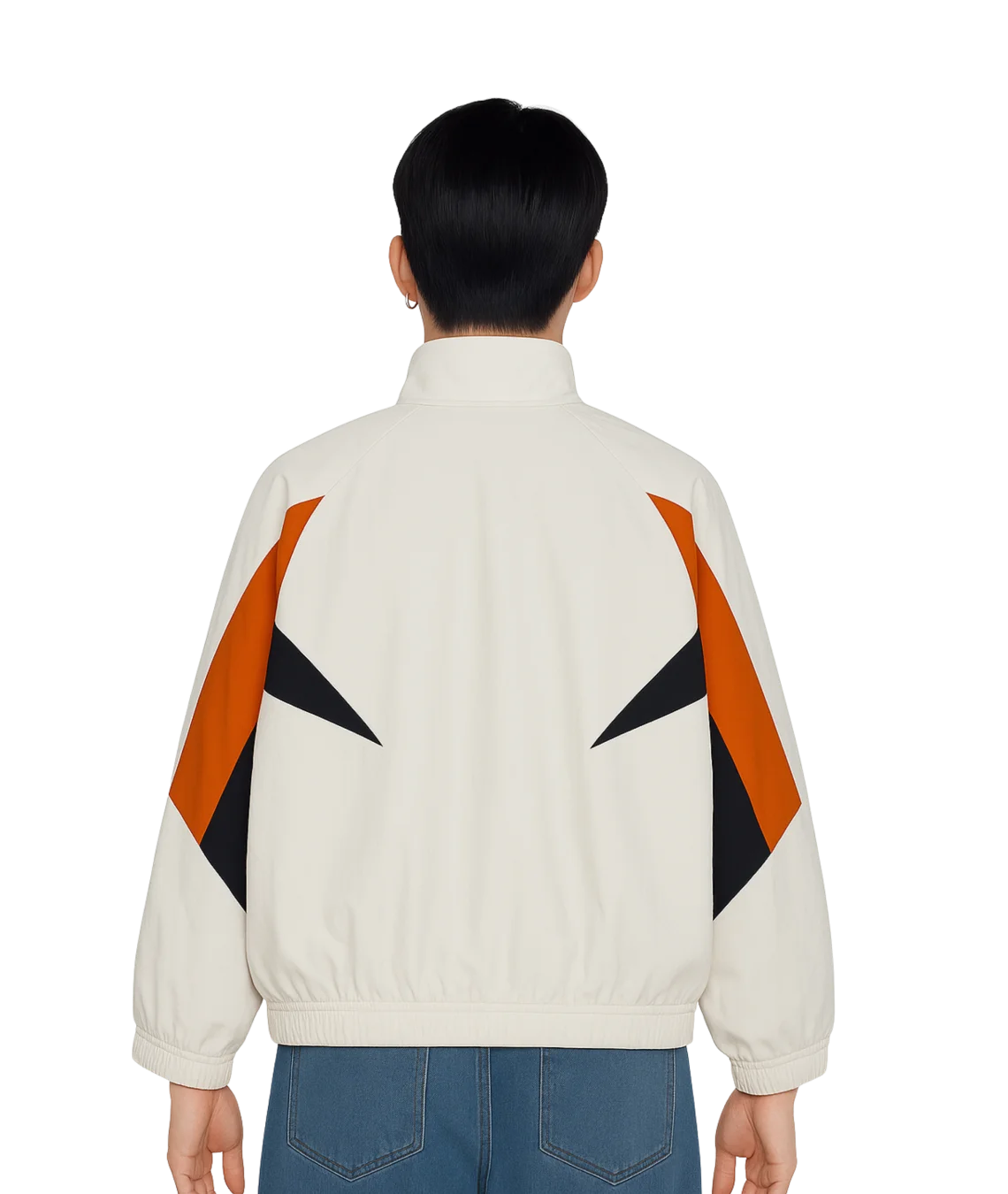 Person wearing a white jacket with orange and black geometric patterns on a white background
