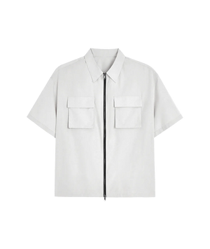 White short-sleeve shirt with a zipper on a white background