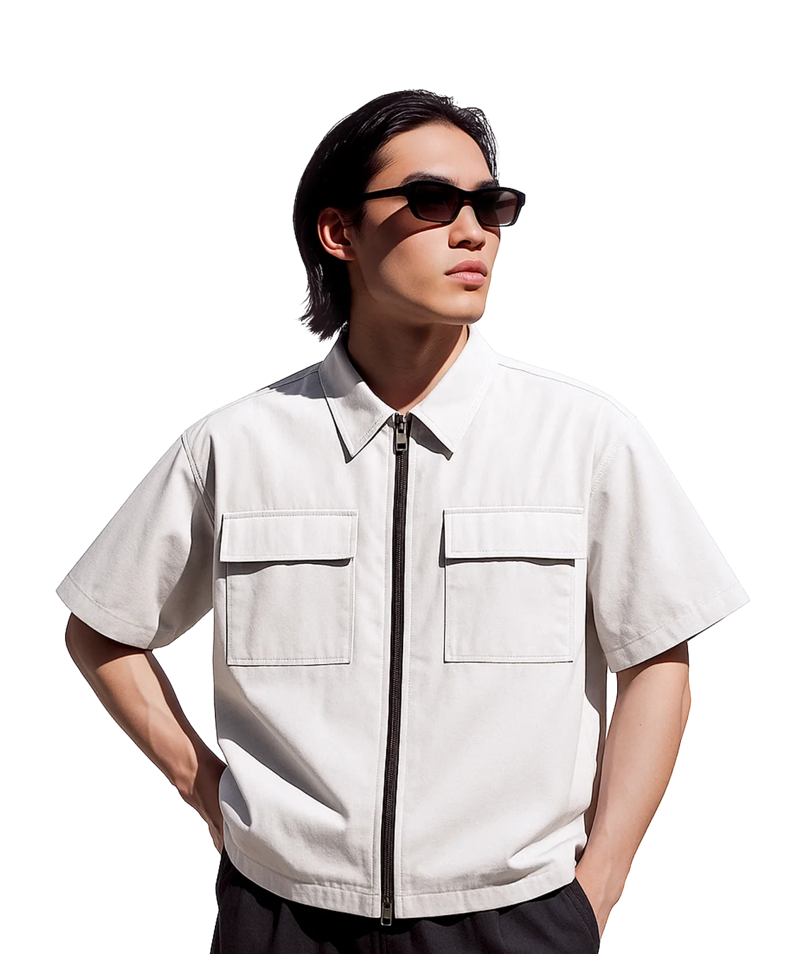 Person wearing a white short-sleeve shirt with zippers on a white background
