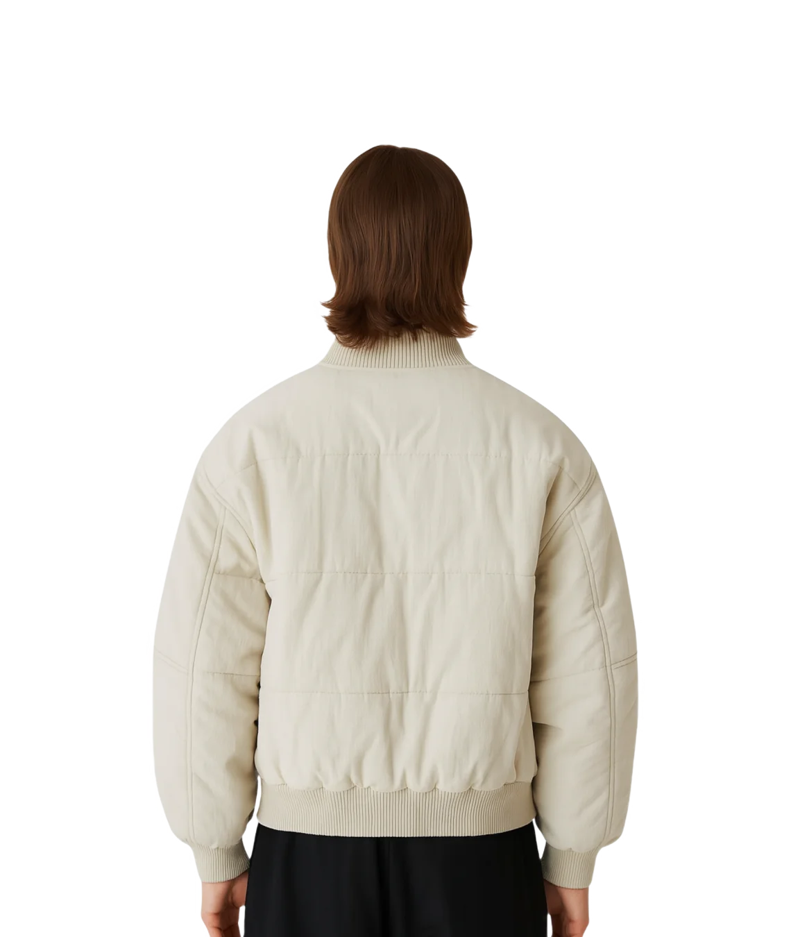Person wearing a beige bomber jacket from behind on a white background